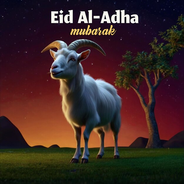 PSD psd eid al adha celebration template and editable text with goat