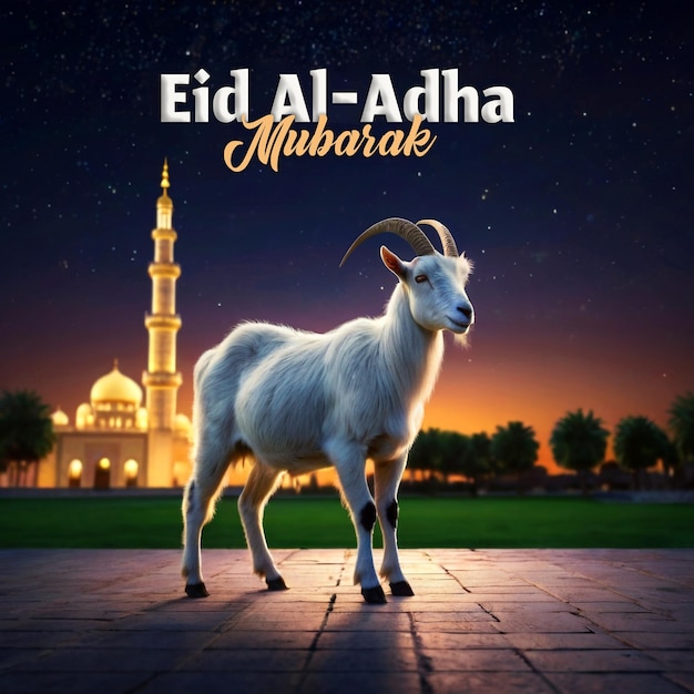 Psd modello di celebrazione dell'eid al-adha e testo modificabile con capra