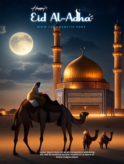 Psd eid al adha greeting poster with camel and mosque in beautiful night