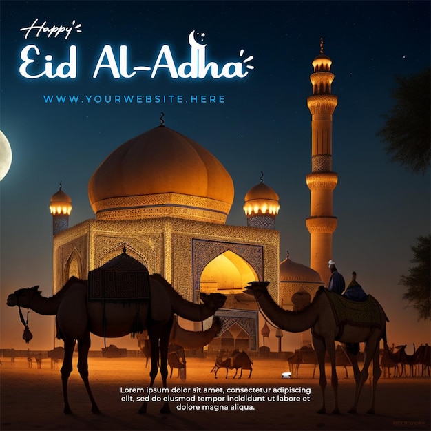 PSD eid al adha greeting poster with camel and mosque in beautiful night