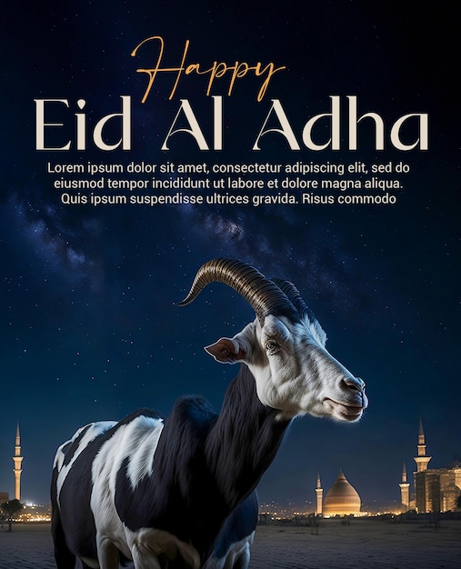 PSD eid al adha greeting poster with goad and mosque in the background eid ul adha poster template