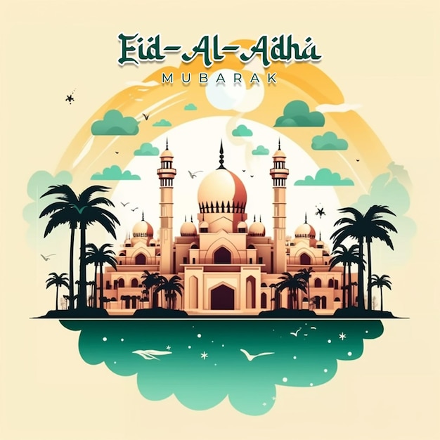 PSD eid al adha mubarak greeetings template luxurious grand mosque island background