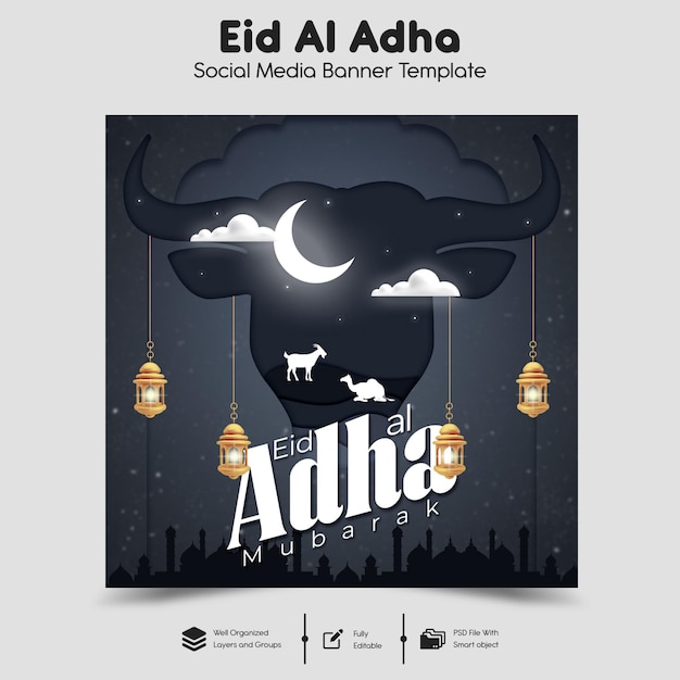 PSD Eid al adha mubarak islamic festival social media banner template