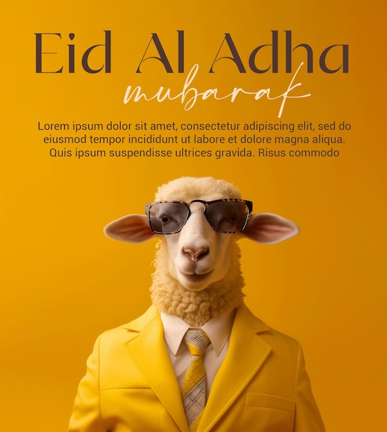 PSD Eid al Adha-poster met schapen in formele kleding die tegen een gele achtergrond staan