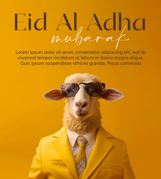 PSD Eid al Adha poster with sheep wearing formal dress standing against yellow background