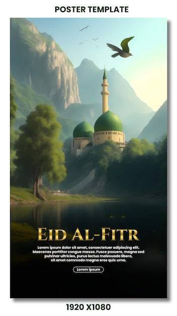 Modello di poster psd eid al fitr con tema fantasy