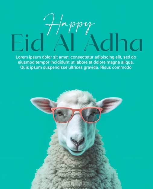 PSD Eid mubarak Eid al Adha poster trendy schapen met bril tegen Turquoise achtergrond