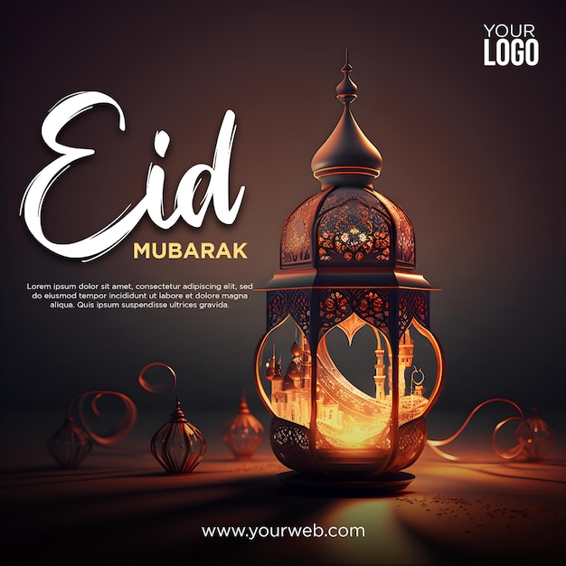 PSD eid mubarak poster with a lamp in the middle