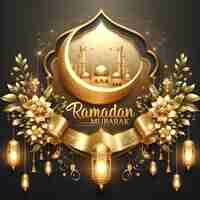 PSD psd eid mubarak ramadan kareem 3d golden mosque and moon islamic background