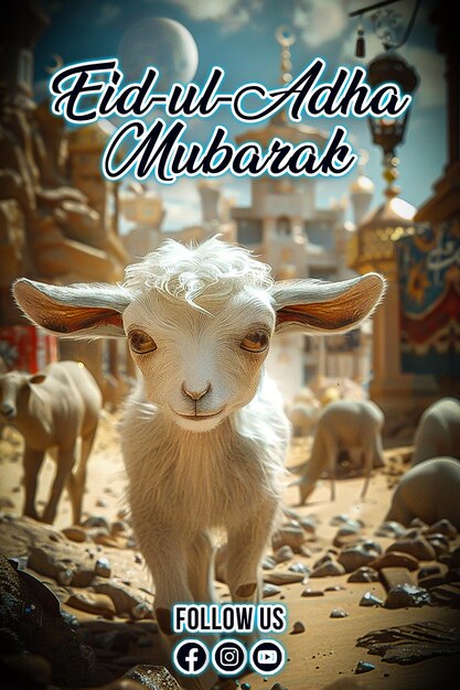 PSD psd eid ul adha mubarak овцы с исламской архитектурой и освещением ai изображение