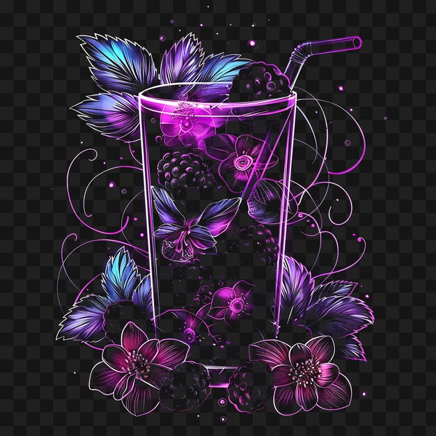 PSD psd of electric purple blackberry mojito with muddled mint leaves a y2k glow neon outline design