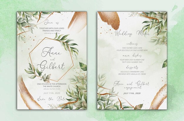 Psd elegant wedding invitation and menu template with leaves