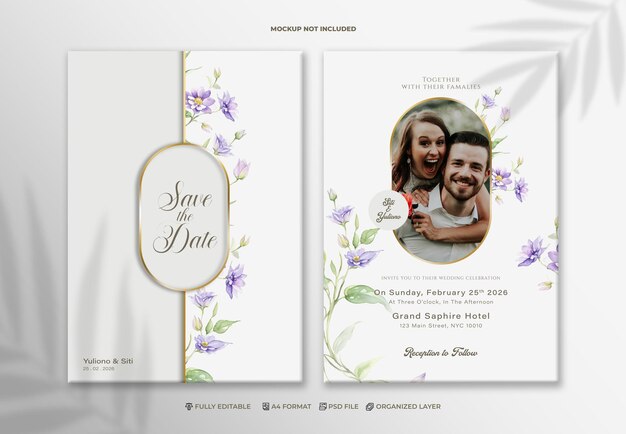 PSD psd elegant wedding invitation template with watercolor flower and picture of a couple