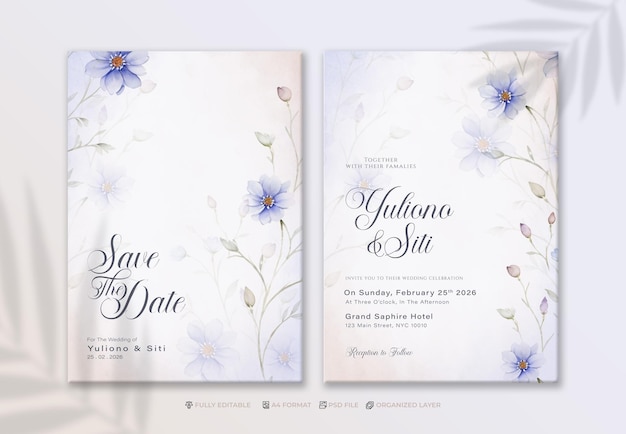 psd elegant wedding invitation template with watercolor flower