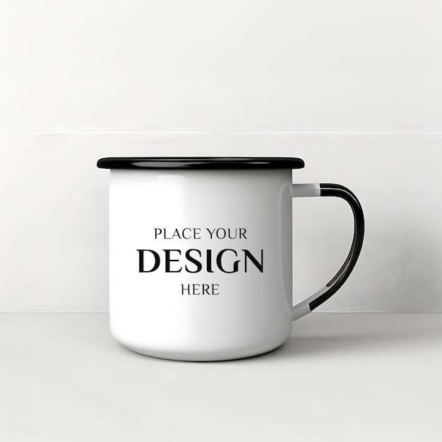 PSD эмалированная кофейная кружка, макет чашки с черной ручкой