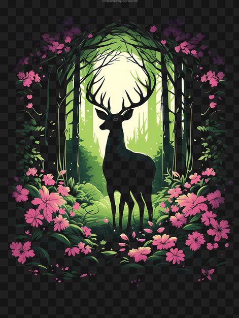 Psd of enchanted forest with deer blooming wildflowers rich green a template clipart tattoo design