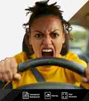 PSD psd enraged driver who yells in traffic while holding a black steering wheel with curly brown hair large nose and open mouth while a hand and small ear are visible in the fore png