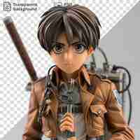 PSD psd eren yeager from attack on titan holding a gun wearing a brown jacket and belt with black hair and a small nose and holding a silver button in his hand