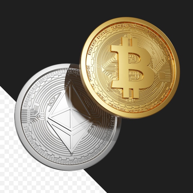 PSD イーサリアムとビットコインの3Dコインが空気の透明な背景に