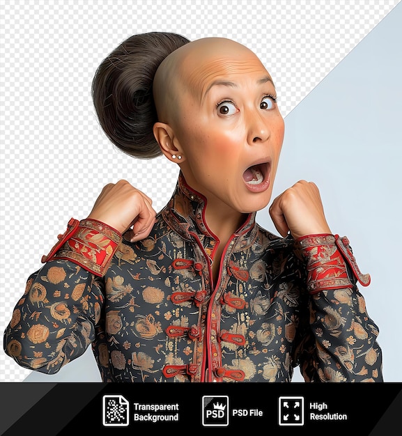 PSD psd a excited middle aged woman with bald hair from the asian ethnicity dressed in author attire poses in a hand brushing through hair style with an open mouth and blue and brown eyes while png