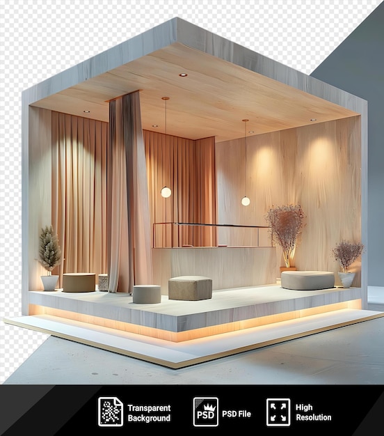 PSD psd exhibition stand mockup in 3d rendering isolated on a white floor surrounded by a small plant and a white pot with a wood ceiling and wall in the background png