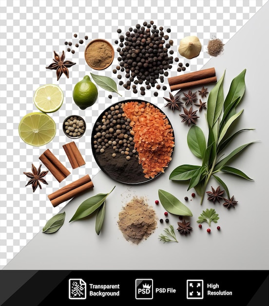 Psd exotic spice and herb collection set on a transparent background with a lemon and green leaf in the foreground png psd