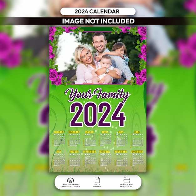 Modello di layout del calendario 2024 per il disegno floreale della famiglia  psd