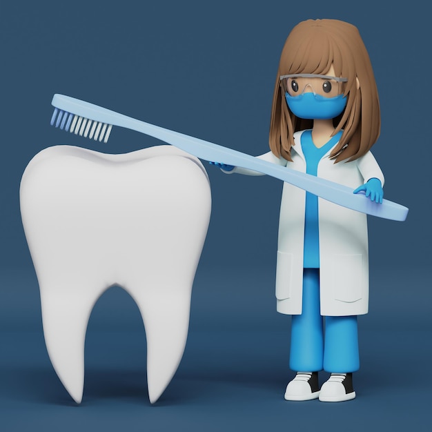 Psd female dentist cleaning tooth with toothbrush 3d rendered icon stomatology and dentistry concept