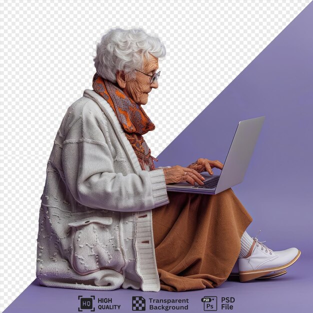Psd female pensioner using her portable computer at home seated in front of a purple wall wearing black glasses and an orange scarf with gray and white hair and a white shoe visible png psd