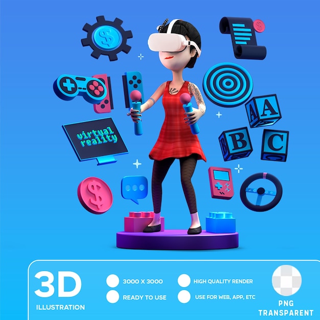 PSD psd женский игрок играть vr 3d иллюстрация