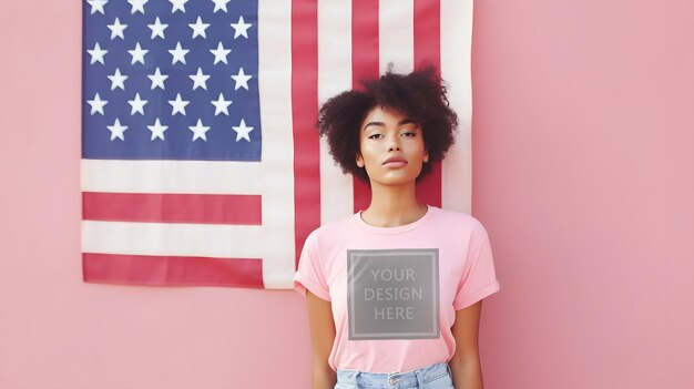 PSD psd female tshirt mockup beautiful woman girl commercial model posing us flag america