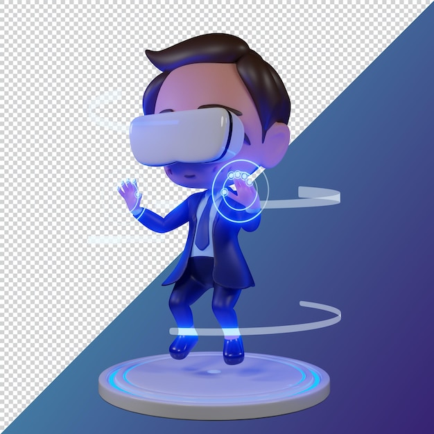 PSD psd file cute businessman cartoon sd model using virtual reality glasses and touching vr interface., 3d rendering.
