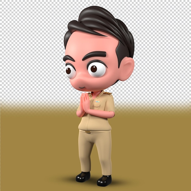 PSD psd file cute thai government employee cartoon sd model 3d render character. 3d rendering.