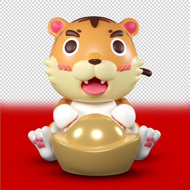 PSDファイルかわいい虎と中国の金の漫画SDモデル3Dレンダリング文字。 3Dレンダリング。