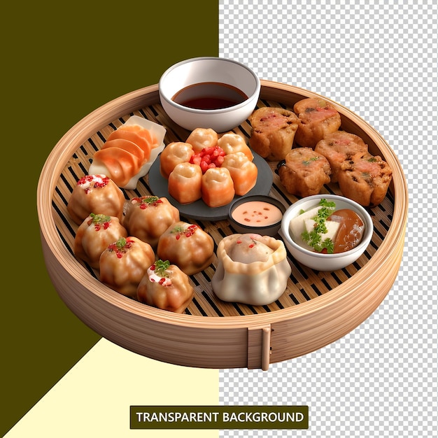 Psd file a many dimsum served on plate with a transparent background