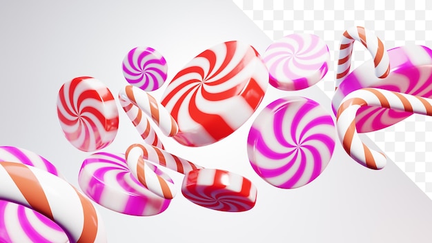 PSD file realistic candy lollipop 3d icon rendering transparent background Christmas candy canes