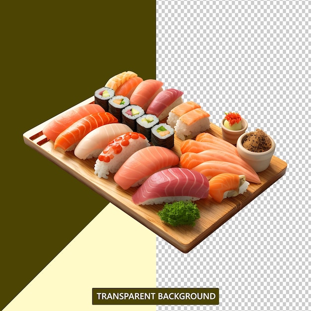 Psd file a tray of sushi and other foods with transparent background