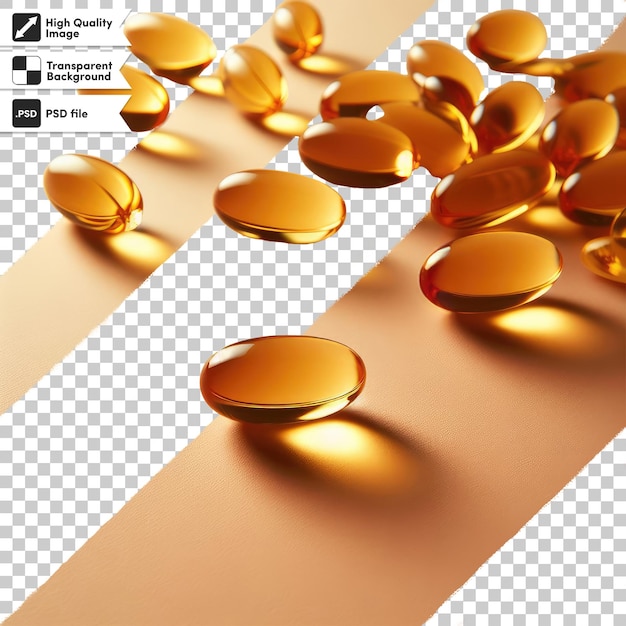 Psd fish oil capsules yellow pills on transparent background