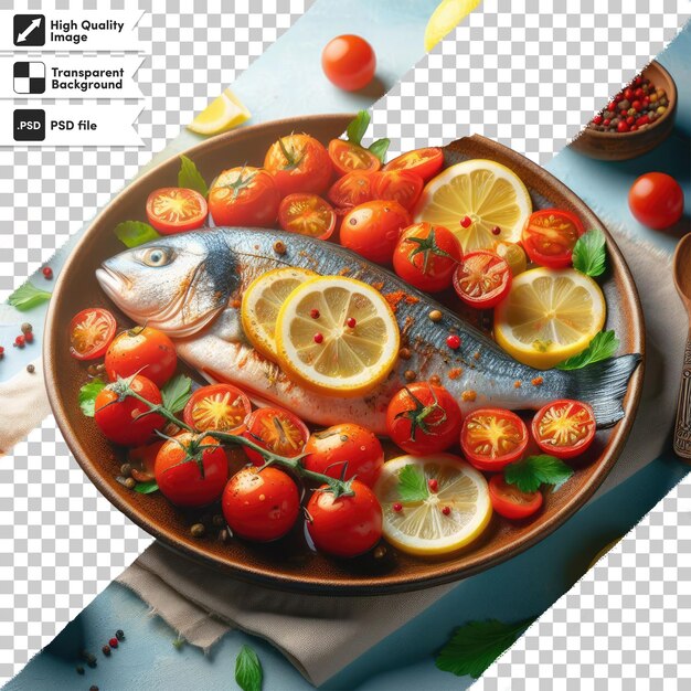 Psd рыба на тарелке с овощами и рисом на прозрачном фоне