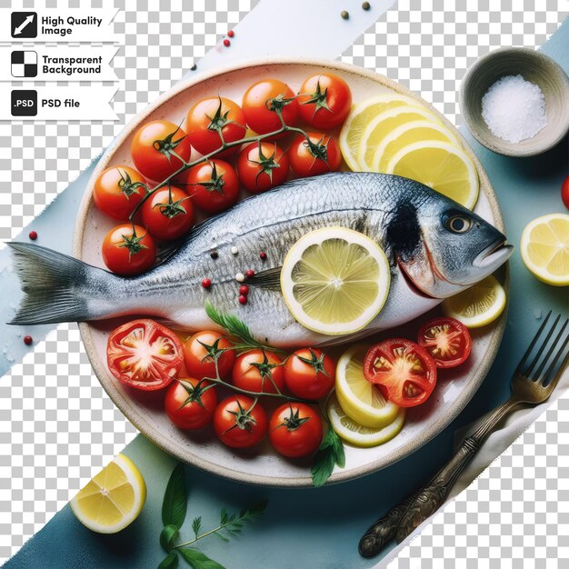 PSD pesce psd su un piatto con verdure e riso su sfondo trasparente