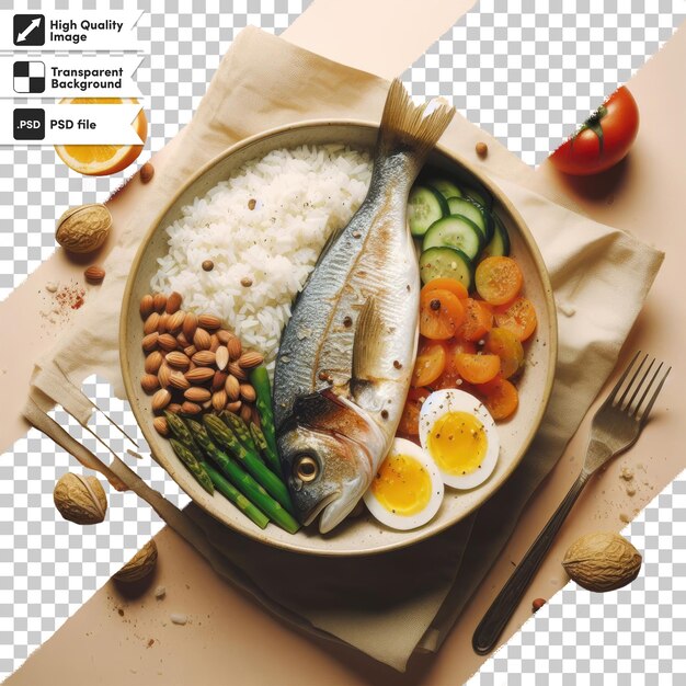 PSD psd fish on a plate with vegetables and rice on transparent background