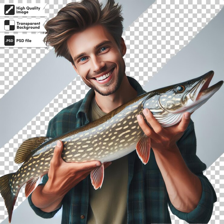 PSD psd fisherman with a fish on transparent background with editable mask layer