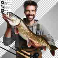 PSD psd fisherman with a fish on transparent background with editable mask layer