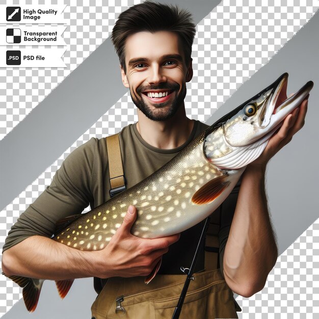 PSD psd fisherman with a fish on transparent background with editable mask layer