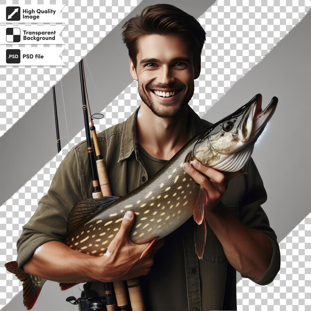 PSD psd fisherman with a fish on transparent background with editable mask layer