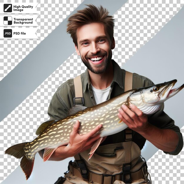 Psd fisherman with a fish on transparent background with editable mask layer