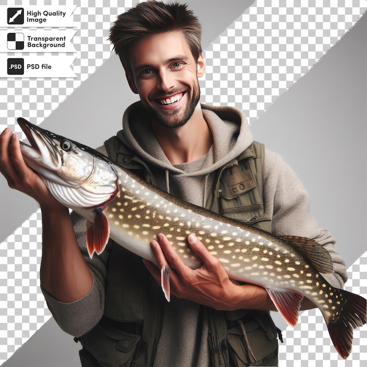 PSD psd fisherman with a fish on transparent background with editable mask layer
