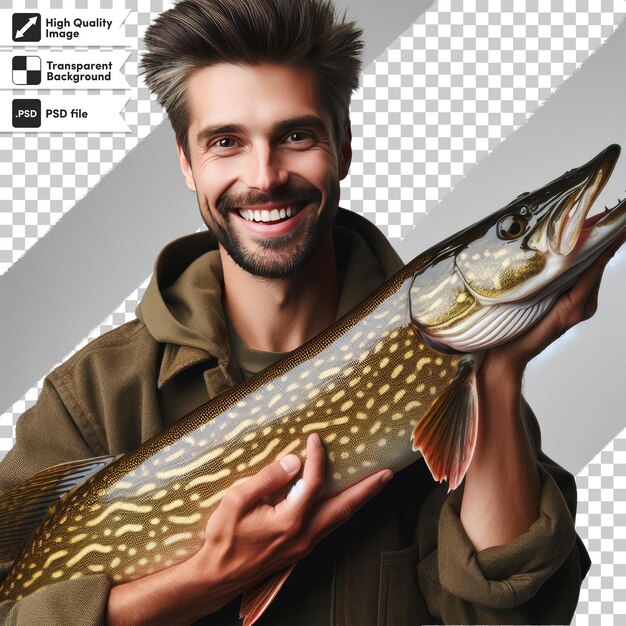 Psd fisherman with a fish on transparent background with editable mask layer