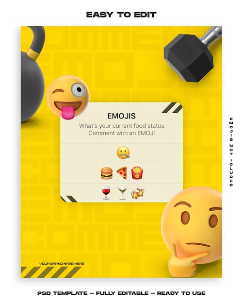 PSD 피트니스 및 체육관 소셜 미디어 Instagram 게시물 및 스토리 디자인 체육관 게시물에 대한 Emojis 상호 작용