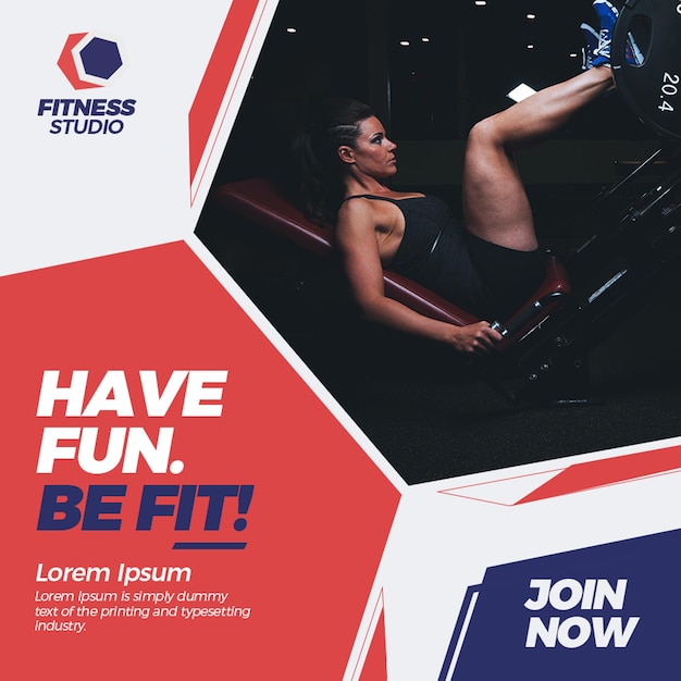 PSD volantino banner psd fitness instagram per un fitness club che dice have fun be fit